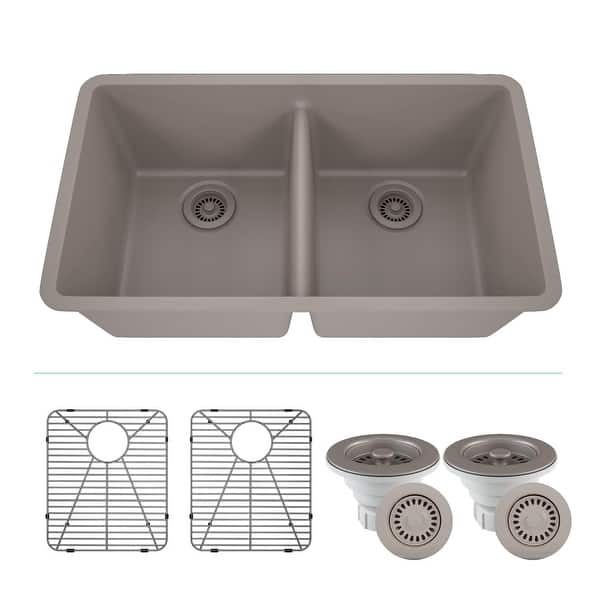 slide 2 of 10, Lexicon Platinum 32" Quartz 50/50 Double Bowl Sink with Grids & Drain Galaxy Concrete