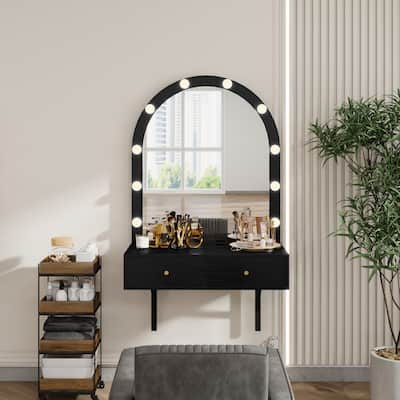 Floating Makeup Vanity Desk with Mirror & 3-Color Lights, Wall Dressing Table with Power Outlet, Compact vanity, Large Storage