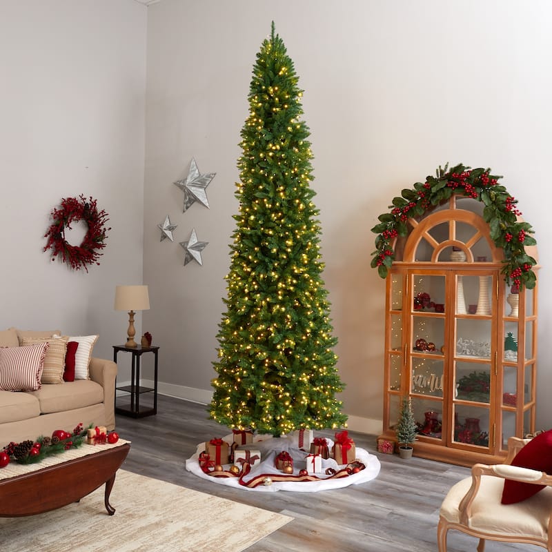 12ft. Slim Pine Artificial Christmas Tree with 1100 Clear LED Lights & 3235 Tips - Grand Seasonal Holiday X-Mas Display