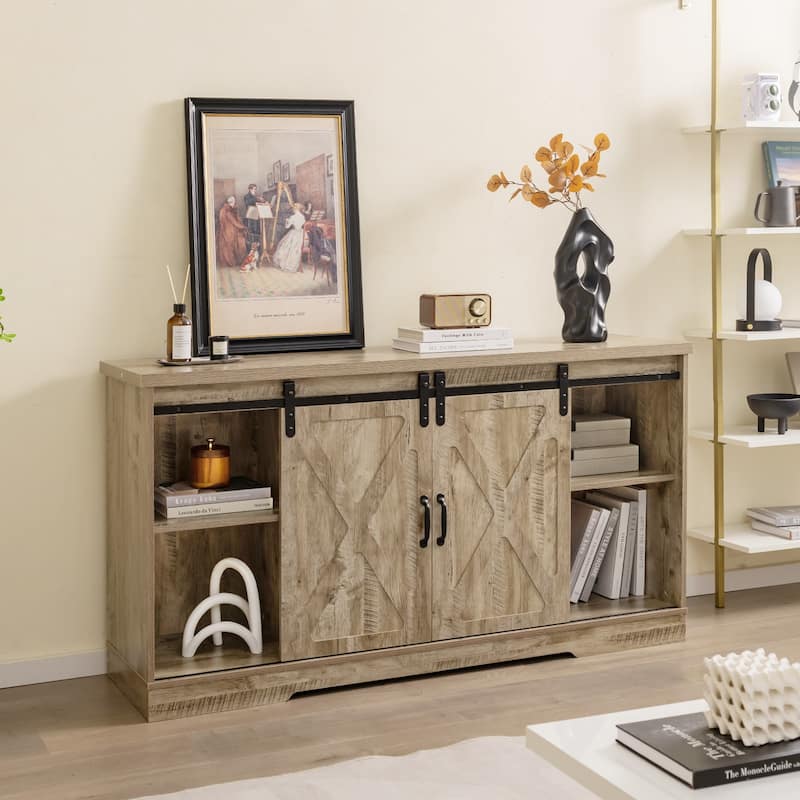 Farmhouse Entertainment Center with Adjustable Shelves and Storage Cabinet-Gray - 59" x 15.5" x 31.5"