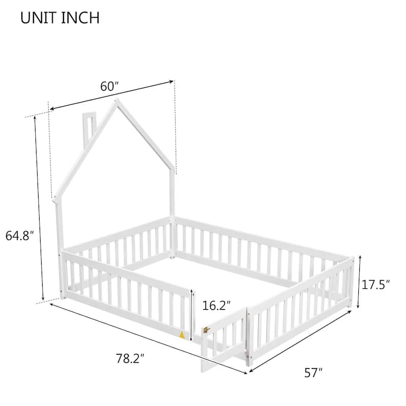 Toddler Floor Bed with House-Shaped Headboard, Fence and Door, No Slats House Floor Bed Frame for Children's Room Kids Bed