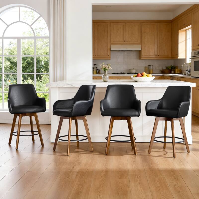25 Inch Upholstered Swivel Counter Height Bar Stool with Armrests, Solid Wood Legs - 23.6"W x 22.4"D x 40.2"H
