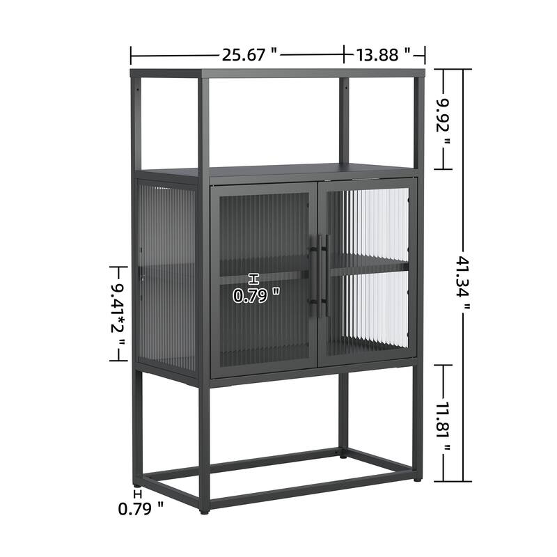 Benvolio 41.34-inch Black Two Door Metal Storage Cabinet with Fluted Clear Doors and Above Cabinet Display - 41.34