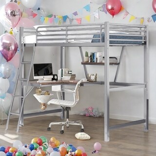Industrial Modern Twin Size Loft Metal & MDF Bed with Built-in Desk and Shelf, Sturdy Construction & Safety Guaranteed, Silver