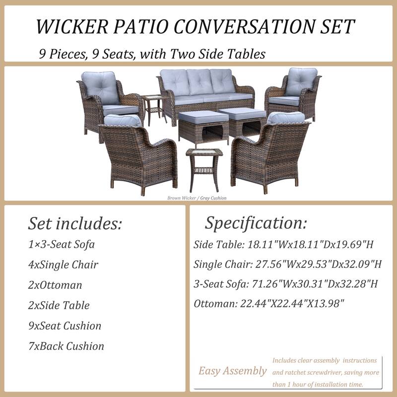 9 Piece Outdoor Patio Conversation Wicker Furniture Sofa Seating Sets