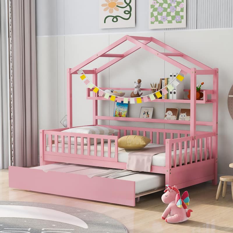 Solid Wood Twin Size Kid's House Bed with Trundle Bed and Storage Rack - Perfect for Play and Sleep - Pink