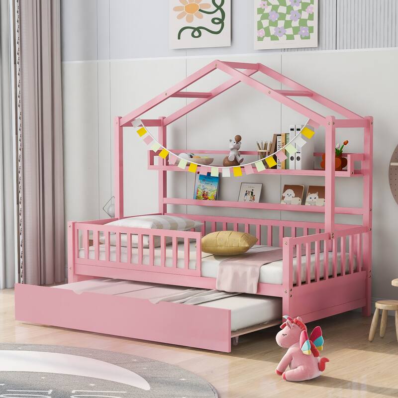 Cute Wooden Twin or Full House Bed with Trundle, Kids Bed Wood Platform Bed Frame with Safety Guardrail & Storage Shelf
