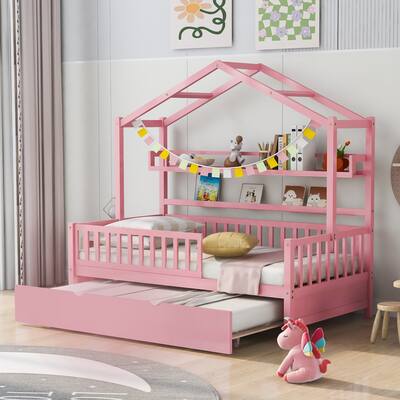 Wooden Twin Size Kids House Bed with Twin Size Trundle and Shelf
