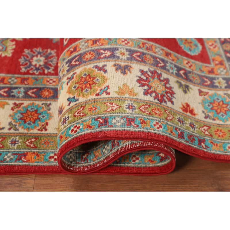 Red Geometric Kazak Area Rug Handmade Traditional Wool Carpet - 5'6" x 7'9"