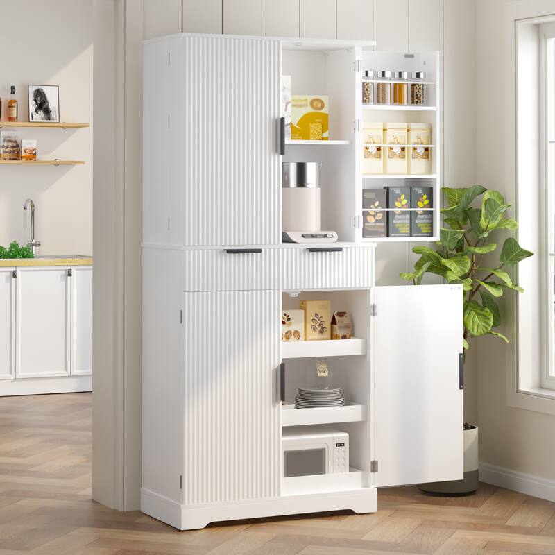 Fluted Kitchen Pantry Cabinet, Freestanding Buffet Cabinet, Storage Cabinet with 3 Keyboard Drawers & 6 Adjustable Door Shelves