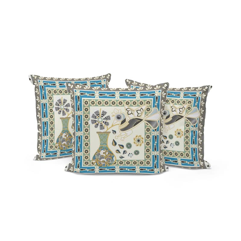 HomeRoots Set of Three 16" X 16" Green and Yellow Peacock Blown Seam Floral Indoor Outdoor Throw Pillow