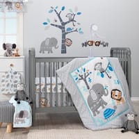 Bedtime Originals Jungle Fun Gray/Blue/White Elephant, Lion and Monkey 3-Piece Baby Nursery Crib Bedding Set