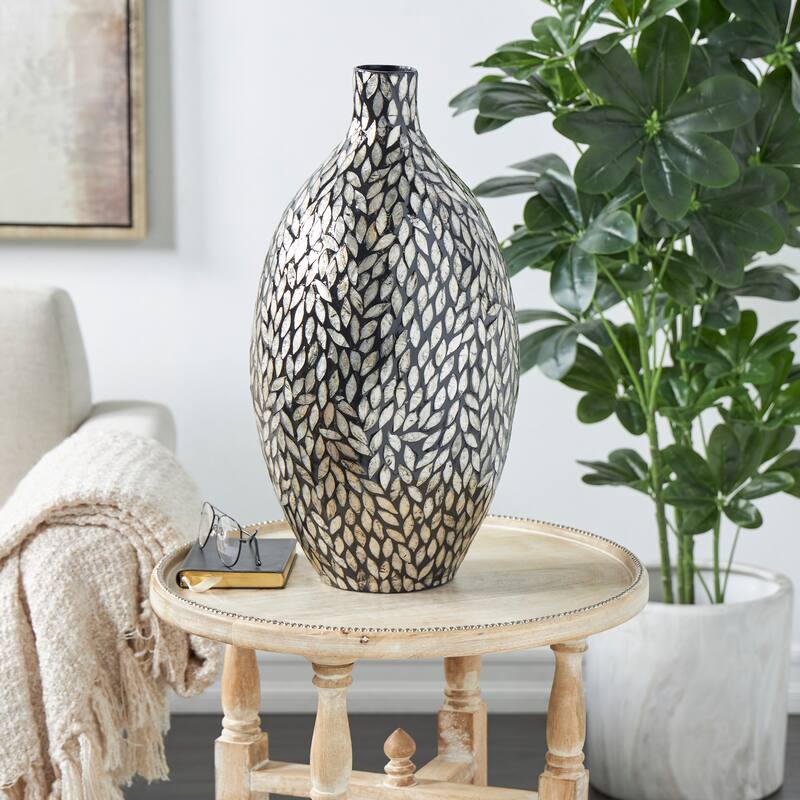 Black Mother of Pearl Shell Handmade Mosaic Floral Inspired Decorative Vase - Black