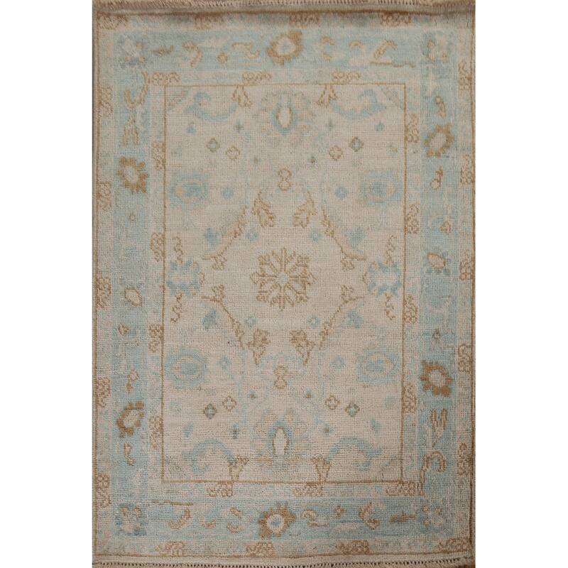 Hand Knotted Oriental 100% Wool Carpet Transitional Geometric Beige & Ivories Oushak Area Rug - 3' 11'' X 2' 11''