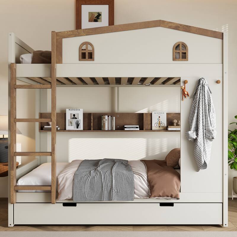 Full over Full Bunk Bed with Trundle and Storage Shelves, Solid Wood Bunk Beds with hooks, No Box Spring Needed