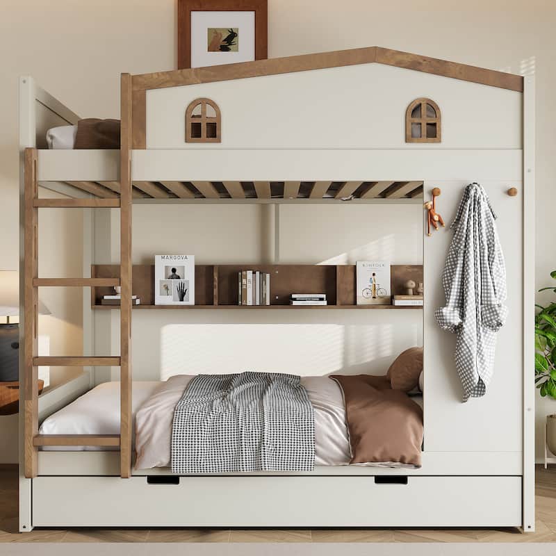 Roomfitters Full over Full Bunk Bed with Trundle and Storage Shelves, Solid Wood Frame with Hooks, Beige - Beige,Natural