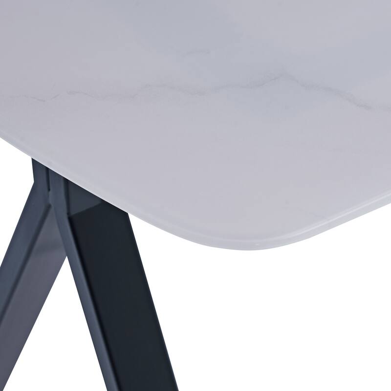 Rectangular dining table featuring a tempered glass tabletop with a marble-patterned design for restaurant dining settings