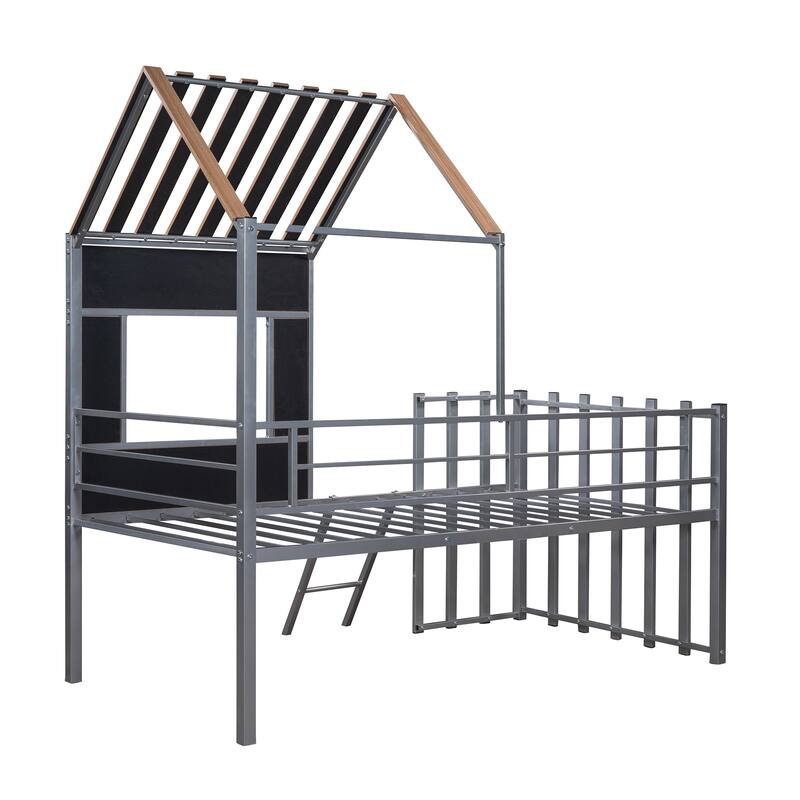 Twin Size Metal Loft Bed with Roof, Window, Guardrail, and Ladder