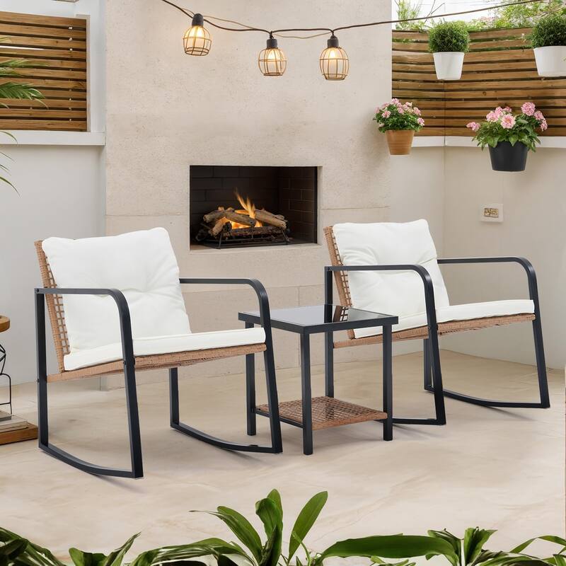 3 Piece Rocking Chair Patio Bistro Set Balcony Chairs Conversation Sets With Coffee Table & Cushions - White