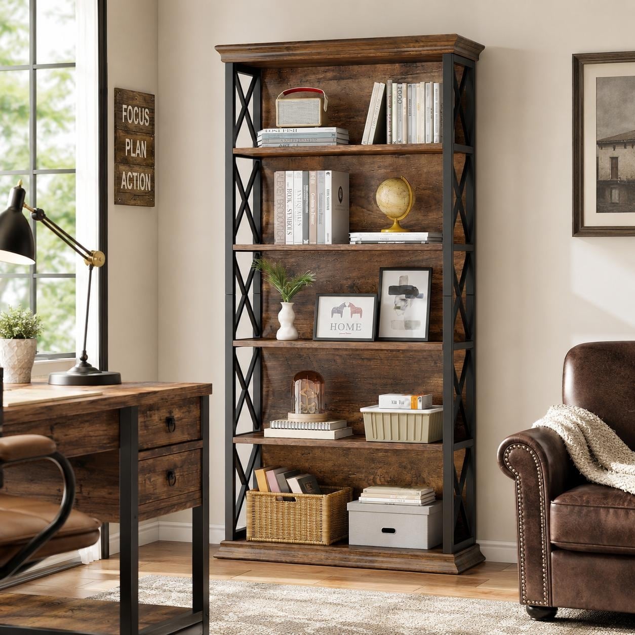 71" Tall Bookshelf, 6-Tier Industrial Bookcase with Metal Frame, Narrow Book Shelf with X-Side Design