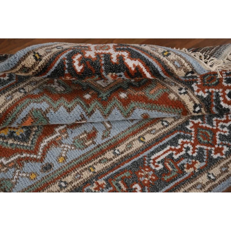 Light Blue Geometric Heriz Indian Area Rug Handmade Wool Carpet - 3'2"x 4'11"