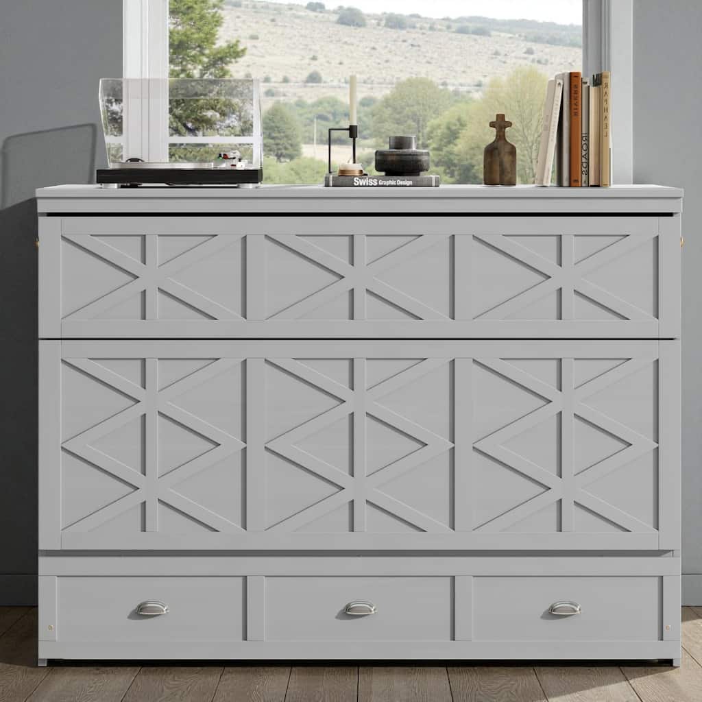 Queen Size Murphy Bed with USB Ports and Large Storage Drawers, Space-Saving Wall Bed Cabinet, Modern Brushed Finish