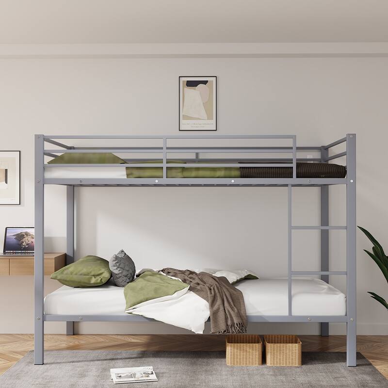 Twin Over Twin Metal Bunk Bed, Low Profile, Ladder, High Guardrail