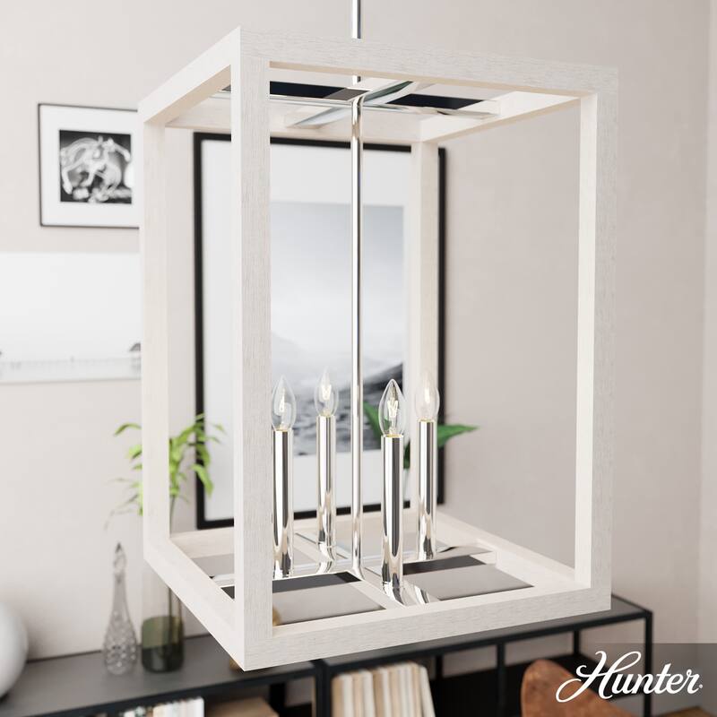 Hunter Squire Manor 15" 4-Light Pendant - Island, Dining Room, Entry - Modern Farmhouse, Transitional, Candle, Caged - Chrome/ Distressed White