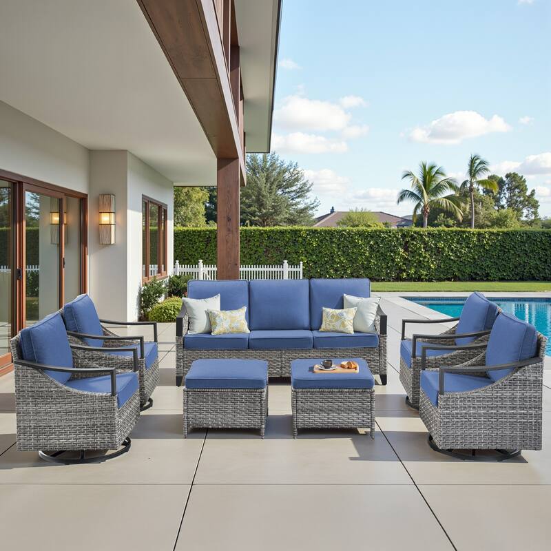Pocassy 7-Piece Outdoor Patio Sofa Swivel Glider Chairs with Ottoman - Gray Wicker Blue Cushion - 7-Piece Sofa Swivel Chair with Ottoman