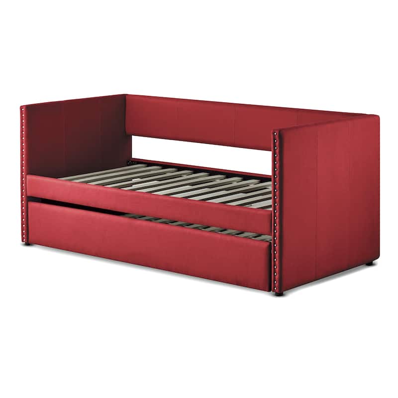 Fabric Upholstered Day Bed with Pull-out Trundle Nailhead Trim Wood