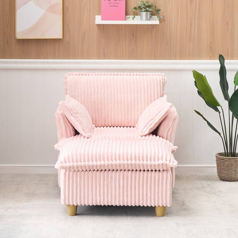 Single Sofa with Ottoman, Comfy Corduroy Upholstered Armchair, Lounge Chair with Throw Pillows for Living Room, Balcony - Pink