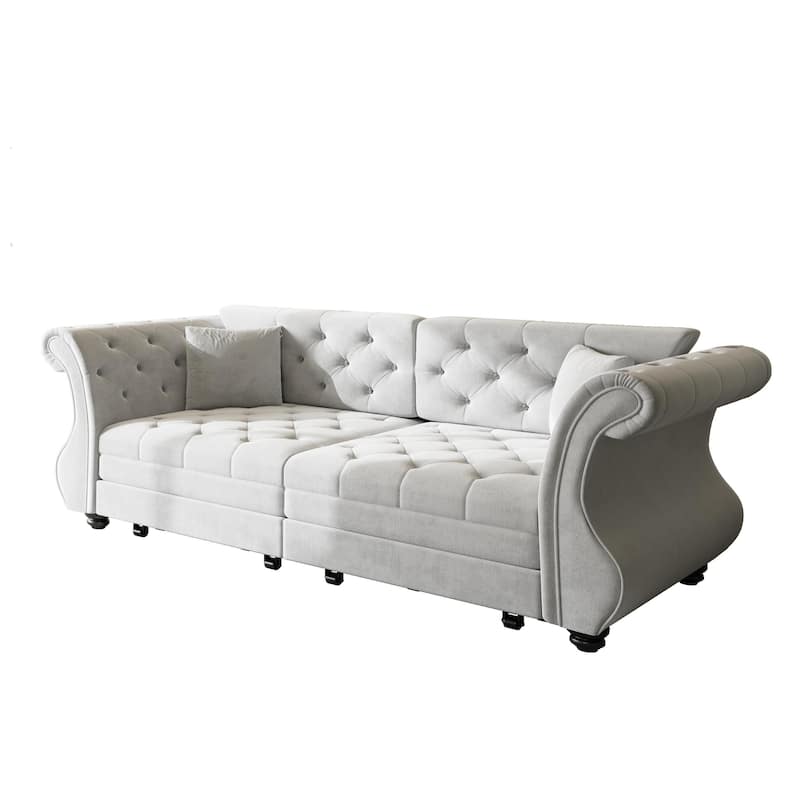Chesterfield Pull Out Sofa Bed, Oversized 3-Seater/4-Seater Velvet Couch with Flared Arms, Convertible Sleeper Sofa