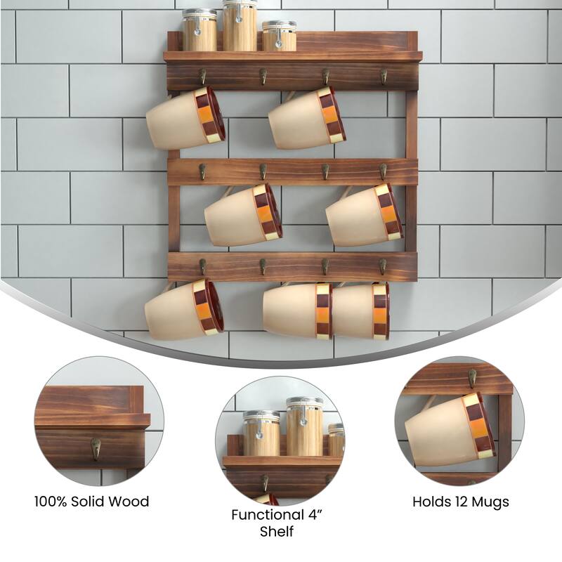 Wall Mount Coffee Mug Rack with Upper Storage Shelf