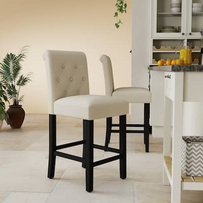 24 Inches Fabric Upholstered Counter Height Bar Stools with Button Tufted Back Set of 2