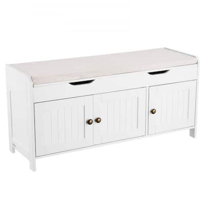 White Shoe Storage Bench with Adjustable Shelves and Cream Cushion Seating for Entryway Organizer - 41.3 x 13.8 x 19.8 Inch