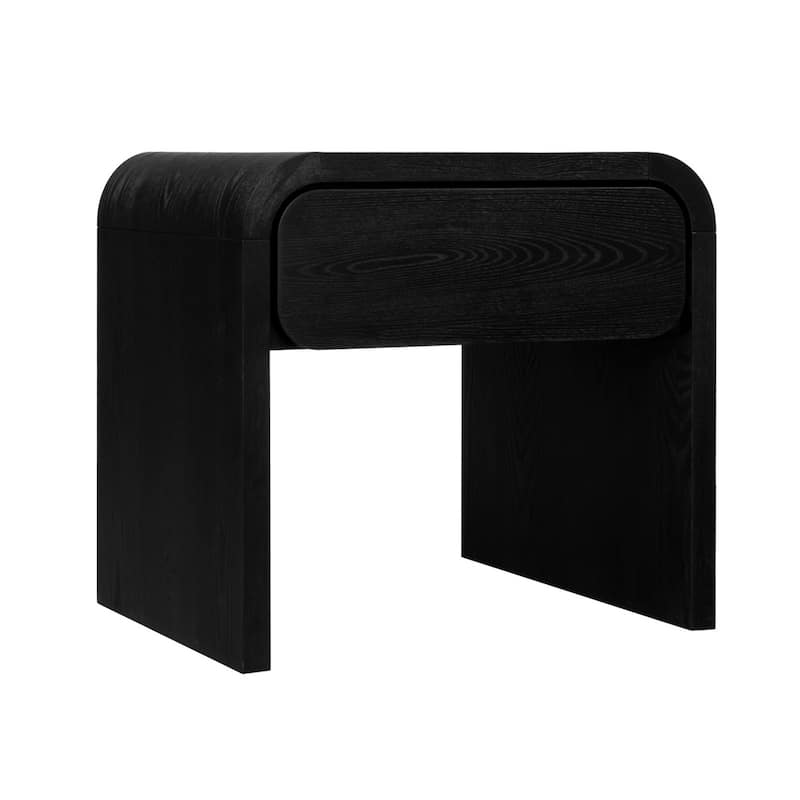Cave 26 Inch Nightstand, Curved Side Panel, 1 Drawer, Black Wood Finish.