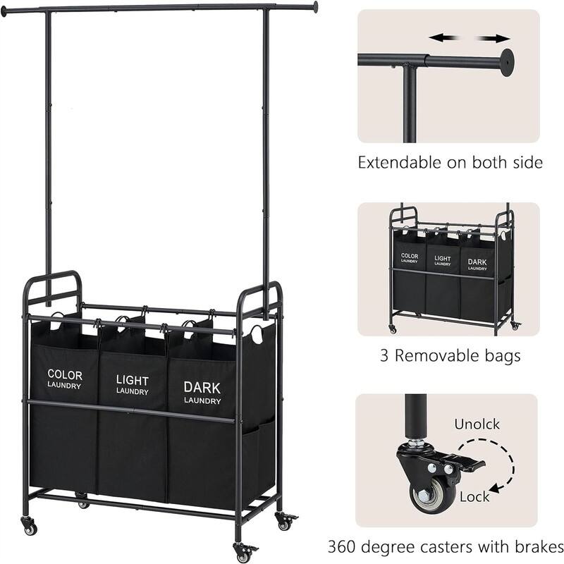 Laundry Sorter Cart with Hanging Clothes Rack - 28.59"L x 15.55"W x 66.54"H