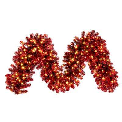Vickerman 9' x 18" Artificial Deluxe Red Tinsel Christmas Garland, Warm White Single Mold Wide Angle Mini Lights - 9' x 18"
