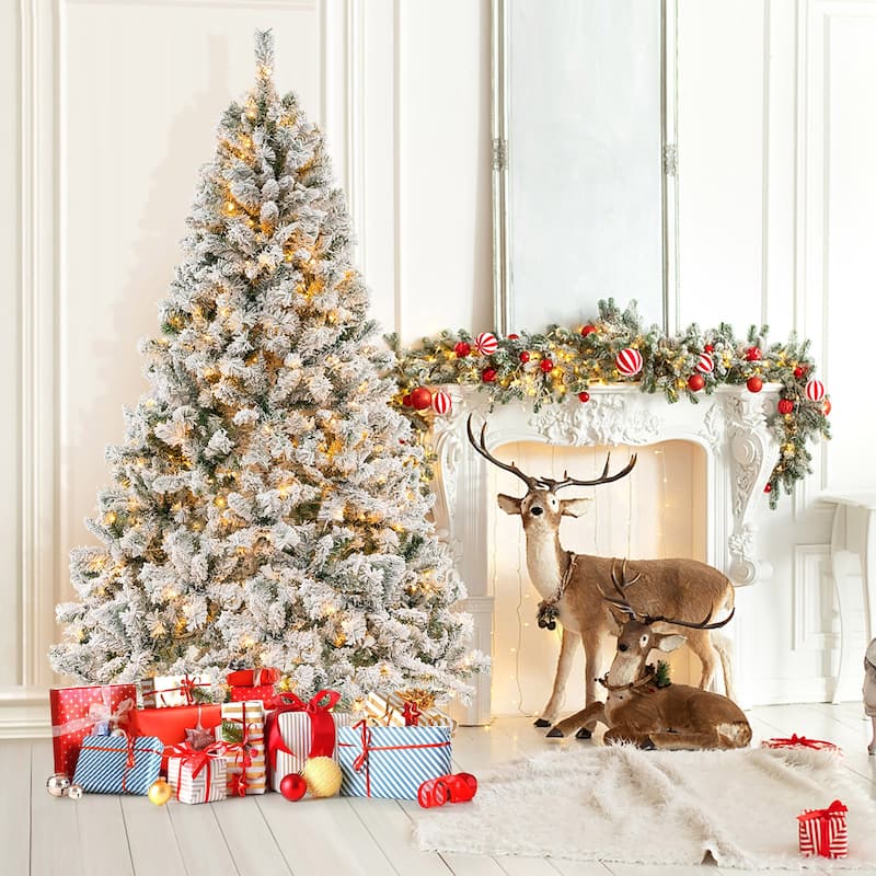 Gymax 6/7/8 FT Pre-Lit Snow-Flocked Xmas Tree 3-Minute-Setup