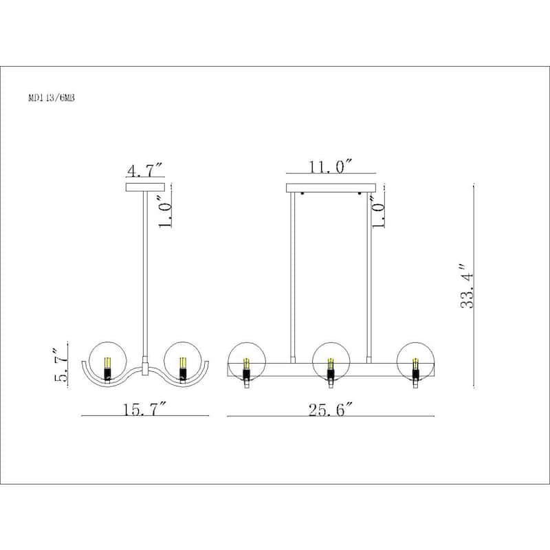 25" Element Matte Black 6-Light Linear Chandelier with Glass Globe Shade