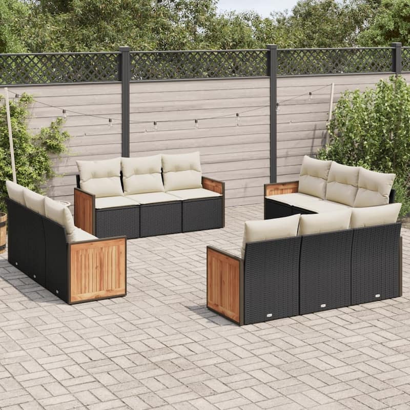 vidaXL Patio Sofa Set with Cushions Outdoor Conversation Furniture Poly Rattan - Black and Cream - 24.4 x 23.2 x 27.2
