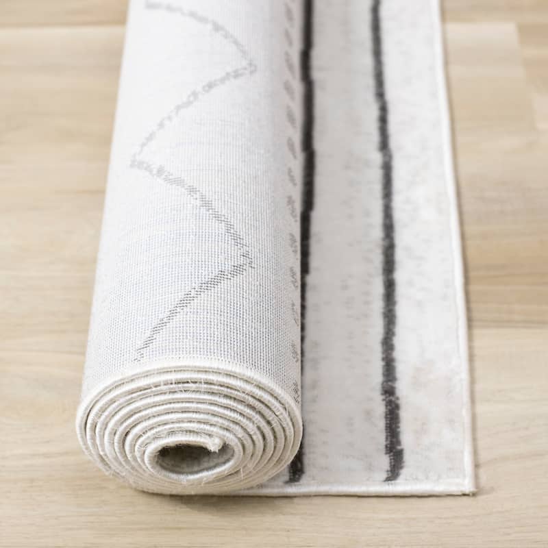 Washable Grey White Neutral Tribal Patterned Area Rug