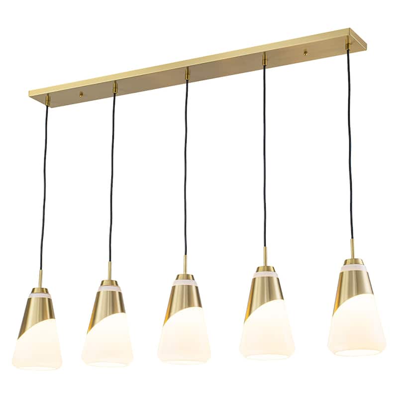 5-Light Gold Pendant Light with White Opal Glass Cone Shades - W 45.43-in - W 45.43-in