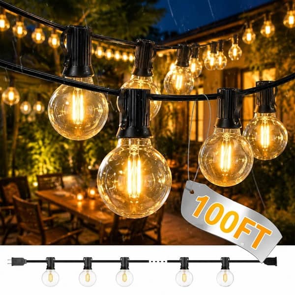 slide 2 of 13, 100FT Waterproof LED Patio String Lights with 50 Shatterproof G40 Bulbs 100FT-50 Bulbs