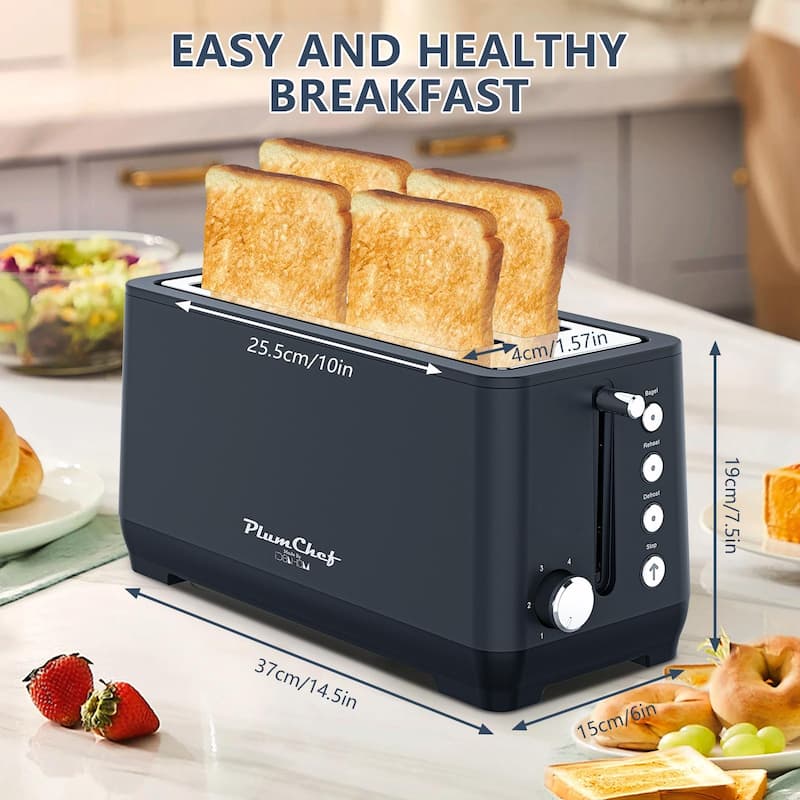 4-Slice Extra Wide Long Slot Toaster (Silver, 1500W) - Stainless Steel with Warming Rack