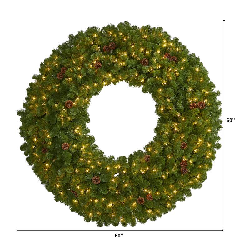 5' Giant Christmas Wreath with 280 Warm White Lights and Pine Cones