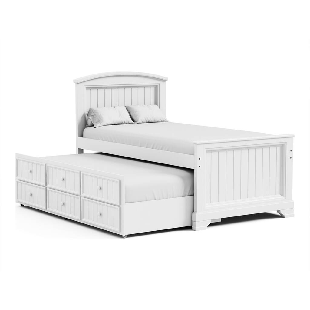 Toli Twin Captain Bed w Trundle, Drawers, White Curved Panel Headboard