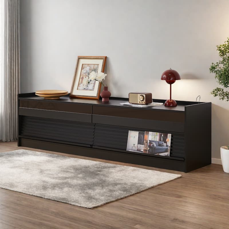 68.9" Modern TV Stand with 4 Glass-Front Drawers - Built-in Charging Station, Ambient LED Lighting - Black