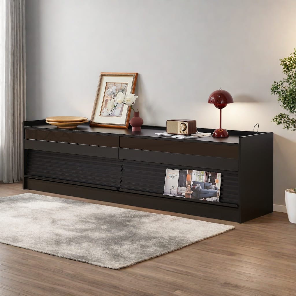 68.9" Modern TV Stand with 4 Glass-Front Drawers - Built-in Charging Station, Ambient LED Lighting