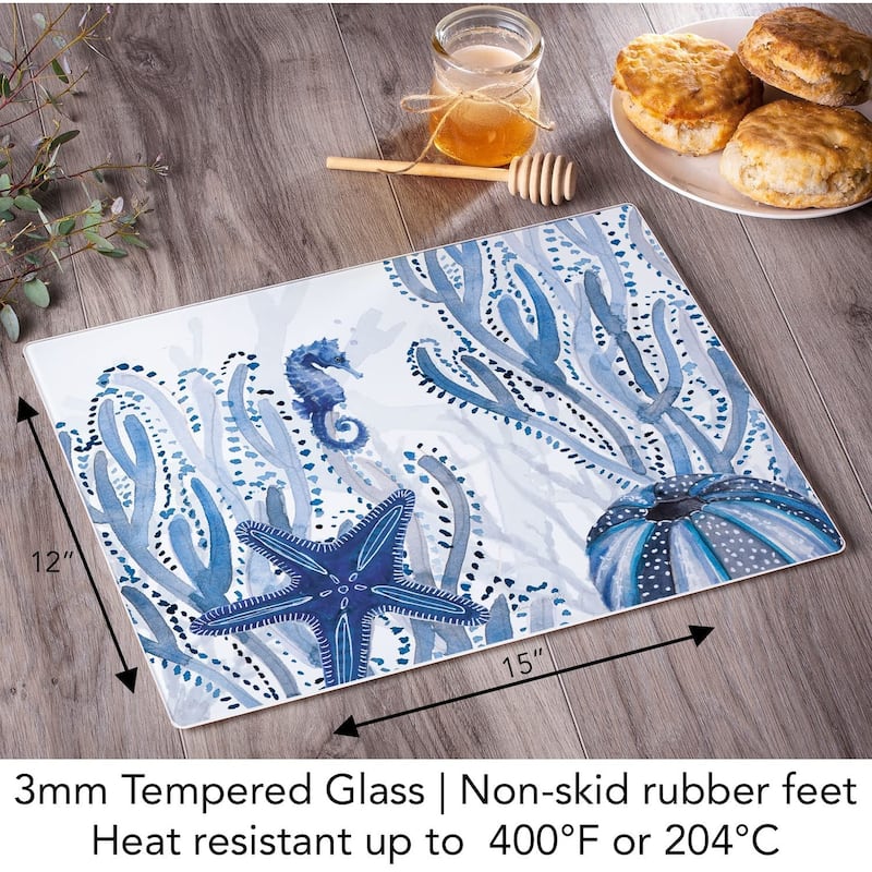 CounterArt Indigo Coastal Decorative 3mm Heat Tolerant Tempered Glass Cutting Board 15" by 12" Made in the USA Dishwasher Safe
